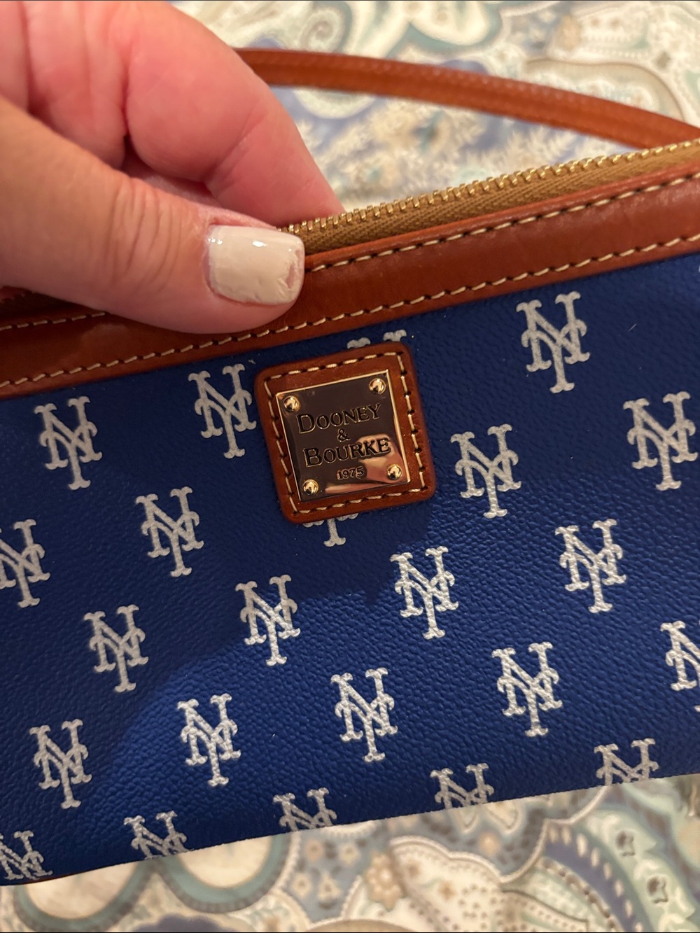 Dooney & Bourke Blue NY Logo Wristlet with Brown Trim - Picture 2 of 3